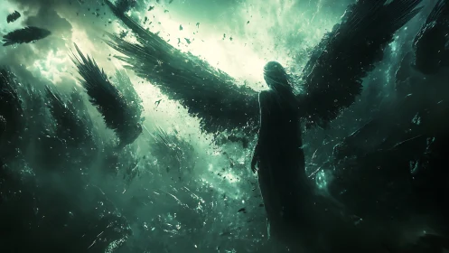 Winged humanoid figure stands amid fragmented dark feathers