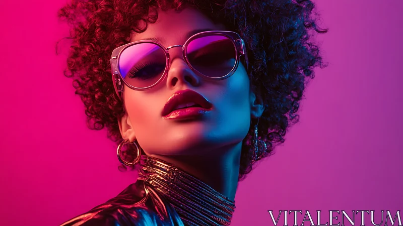 Portrait of woman in neon lighting with reflective sunglasses.