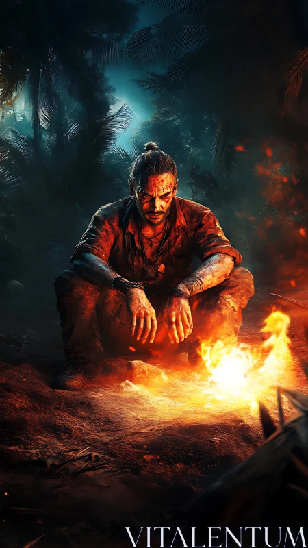 Incandescent jungle bivouac with battle-scarred survivor focus.