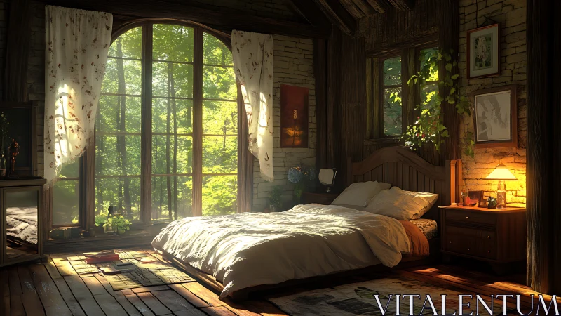 Sunlit forest bedroom wrapped in quiet rustic comfort.