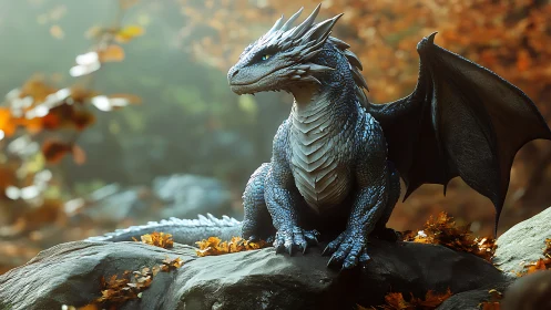 Gentle blue dragon rests proudly on a sunlit forest rock