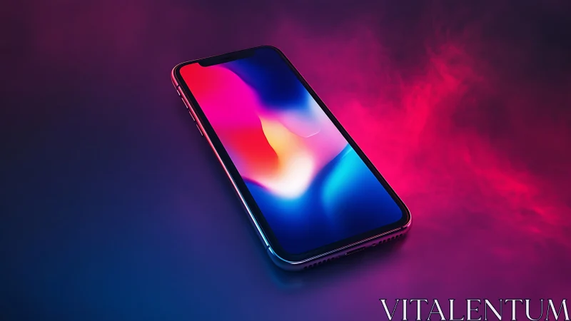 Luminous smartphone resting in a dreamy neon color haze.