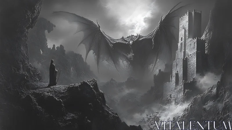 Dark robed figure observes winged creature near stone fortress