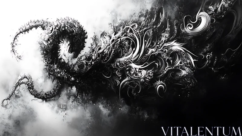 Monochrome abstract swirl forming dynamic flowing shape.