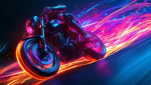 Motorcycle rider in neon light trails on dark abstract road.