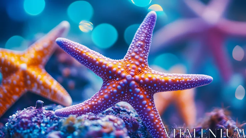 Glowing starfish drifting through a dreamy underwater galaxy.