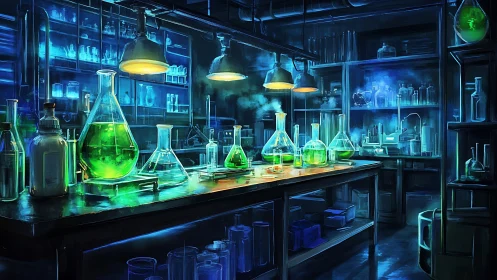 Neon laboratory glassware glows under moody industrial lights.