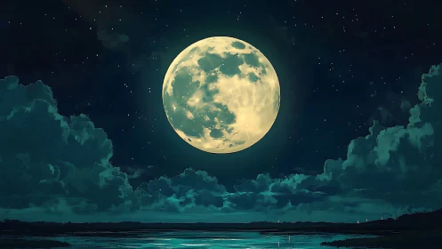 Radiant full moon rises over tranquil reflective seascape.
