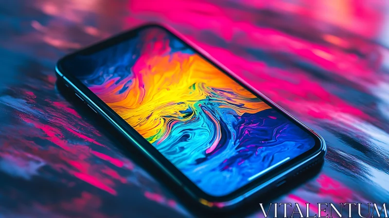 Smartphone lies on reflective surface with vivid abstract screen