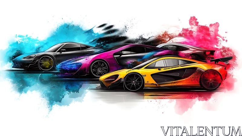 Hypercar trio slices through neon paint explosions at speed.