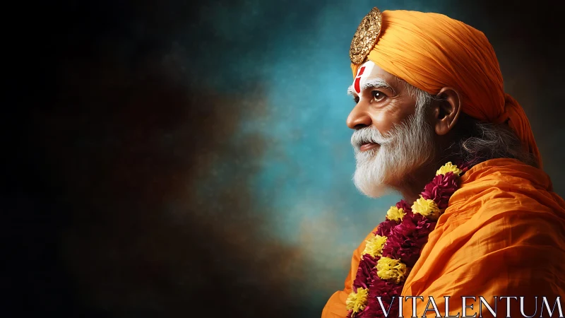 Side-lit elderly sage in saffron robes, high-contrast portrait study