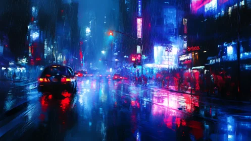 Neon taxi glides through rain-soaked cyberpunk city street.