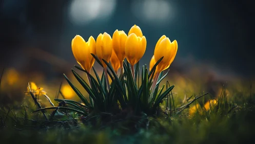 Golden Crocus Blooms with Shallow Depth Field