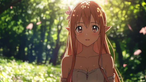 Anime elf portrait in sunlit forest with cinematic depth of field.