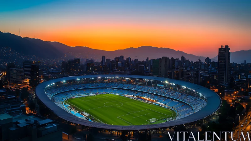Sunset-lit urban football stadium encircled by cityscape.