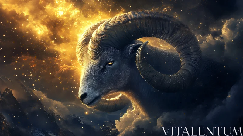Majestic horned ram emerging from glowing storm clouds.