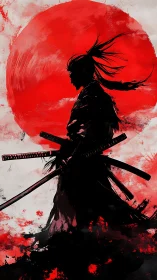 Silhouetted samurai strides before a blood-red rising sun