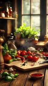 Sunlit rustic kitchen stage for tomatoes, basil and spice drama.