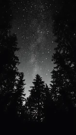 Night sky shows dense stars above dark conifer forest silhouettes