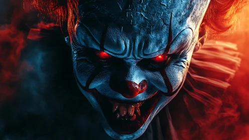 Demonic clown portrait glows with red eyes amid smoky light
