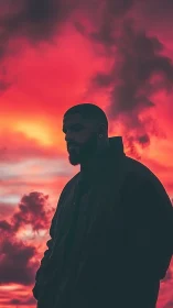 Silhouette man under vivid red storm sunset sky.