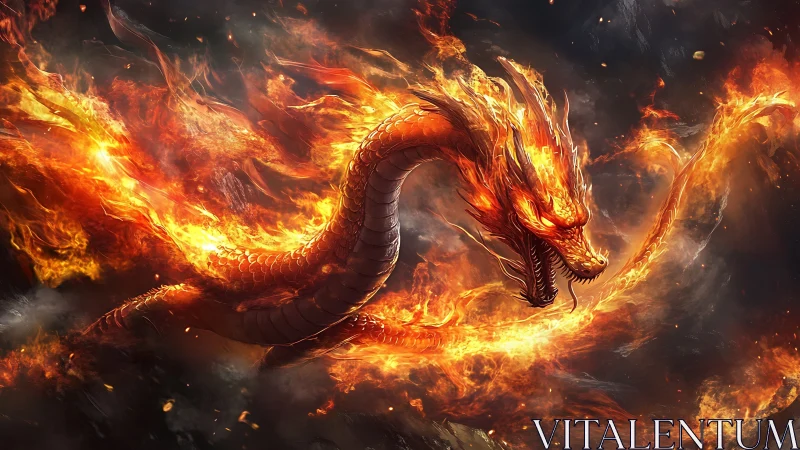 Serpentine fire dragon in mid-flight with incandescent embers