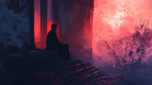 Silhouette on ruined steps facing blazing crimson fog.