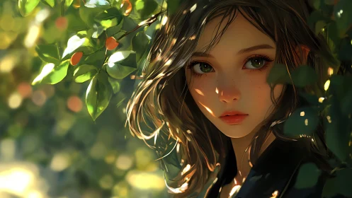 Young woman in foliage with dappled sunlight exposure.