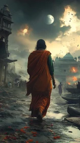 Figure walking through rain soaked street in ruined cityscape.