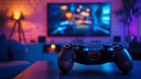 Dual-analog gamepad in neon-lit living-room gaming setup.