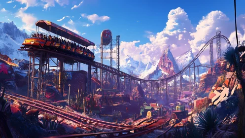 Thrilling mountain roller coaster winds through bright alpine skies