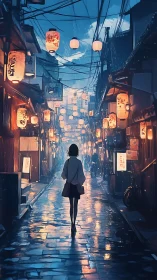 Solitary girl walks through rainy lantern street at dusk.