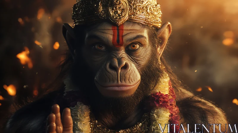 Divine monkey deity portrait under glowing embers light.