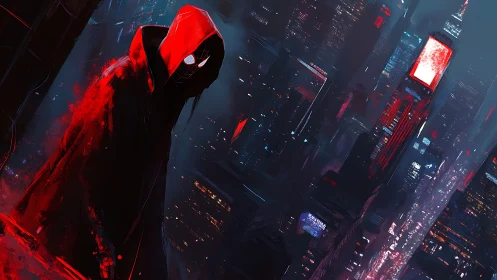 Hooded arachnid vigilante over neon-diffused megapolitan grid.