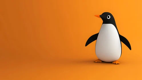 Cute 3D Cartoon Penguin on Bright Orange Minimalist Background.
