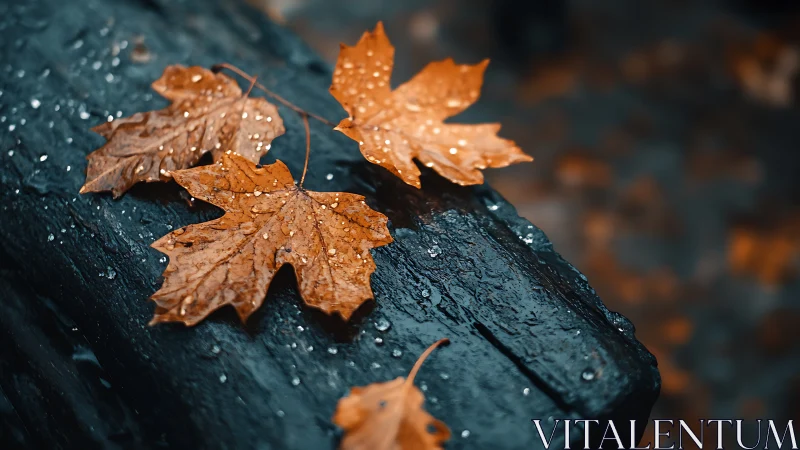 Golden autumn leaves resting softly after gentle rain.