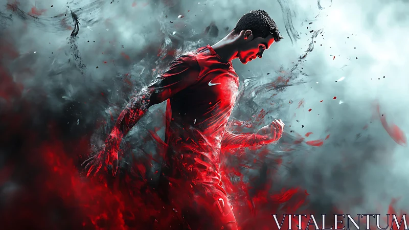 Explosive red footballer in dynamic motion blur storm.