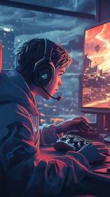 Neon-lit gamer at workstation in immersive digital battleground.