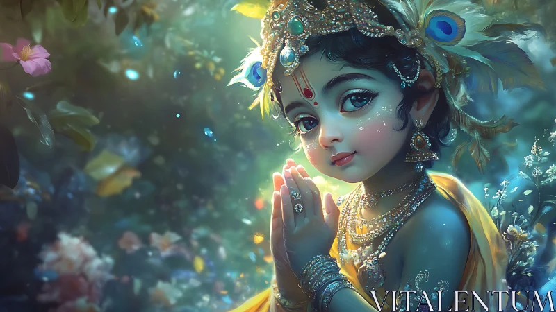 Child deity figure with folded hands in jeweled attire