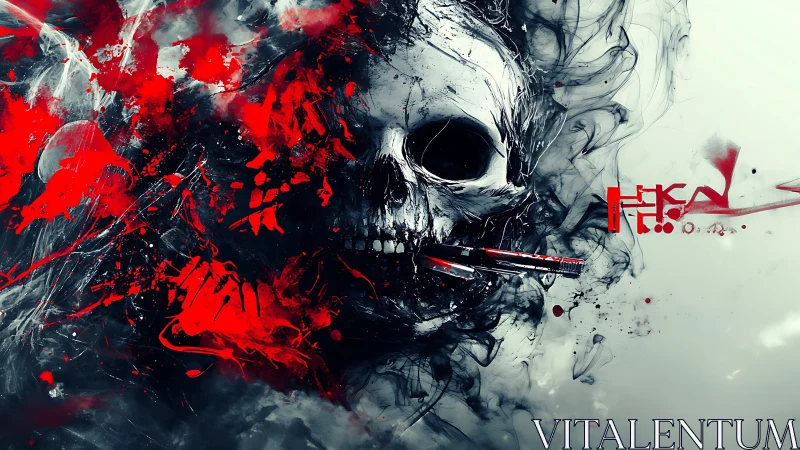 Ink smoked skull erupts in crimson chaos and digital fury.