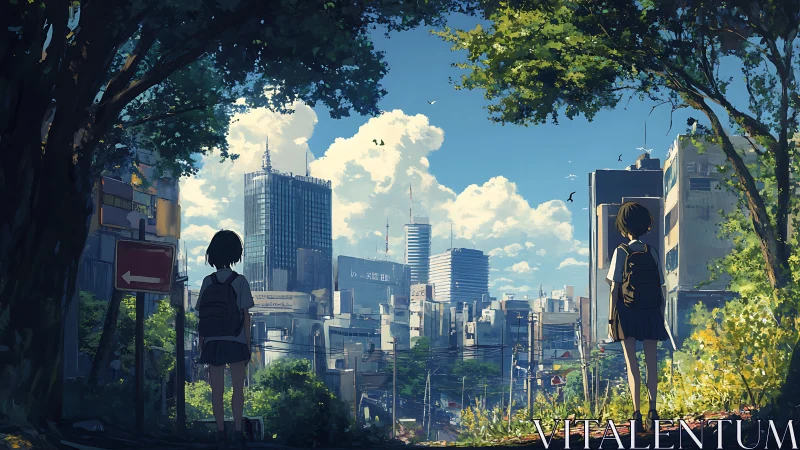 Two friends pause above the city, sharing a quiet summer moment.