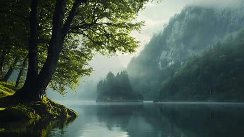 Mist-kissed forest lake cradled beneath silent stone cliffs.