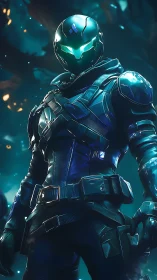Armored sci fi soldier stands in glowing teal forest environment