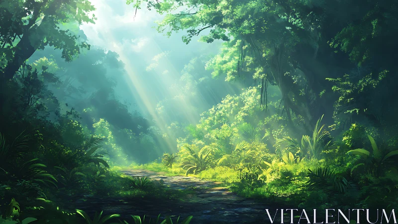 Enchanted Forest Clearing With Radiant Sunlight Piercing Through Canopy