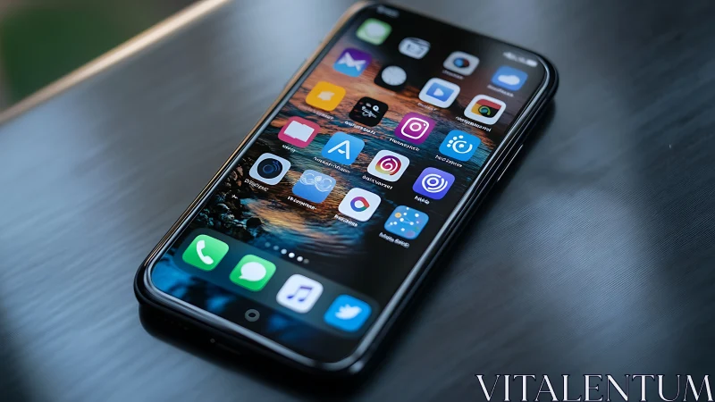 Modern smartphone displaying app ecosystem on reflective surface