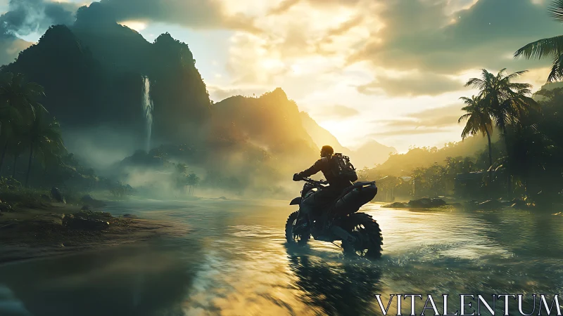 Rider on quad bike crossing shallow tropical river at dusk.