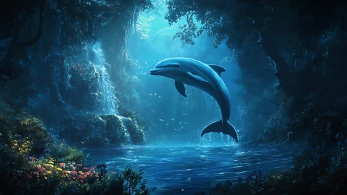 Digital rendering shows dolphin above illuminated forest pool
