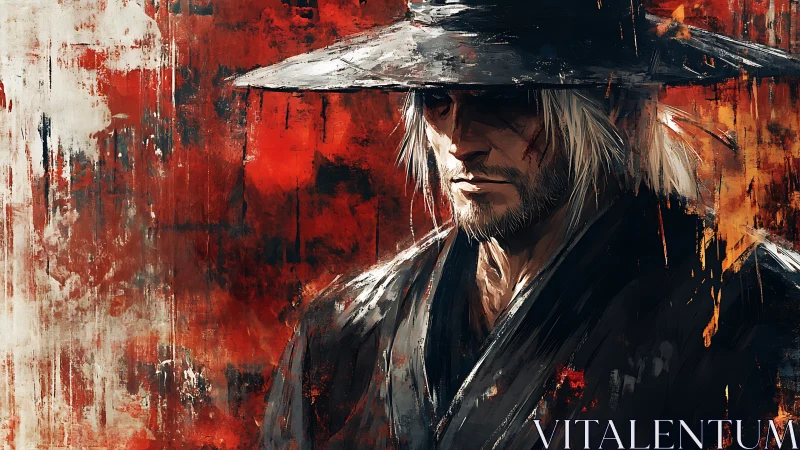 Lone wandering swordsman stands calm amid burning crimson storms