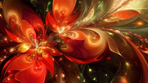 Fractal floral vortex with luminous red and gold energy petals.