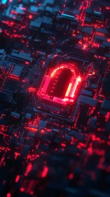 Red illuminated circuit core with glowing digital gate.